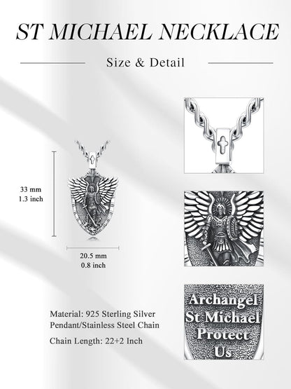 925 Silver St Michael Shield Pendant Necklace Men Women Gold