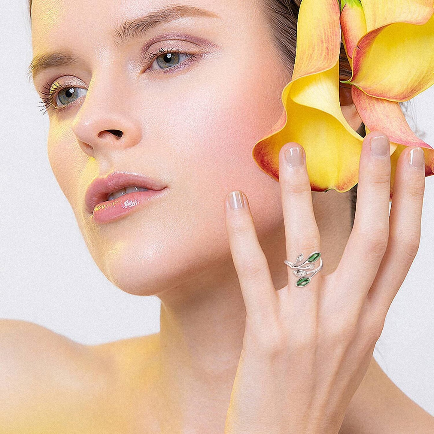 925 Sterling Silver Leaf Ring with Birthstone Adjustable Wrap Promise Engagement Wedding Rings for Women