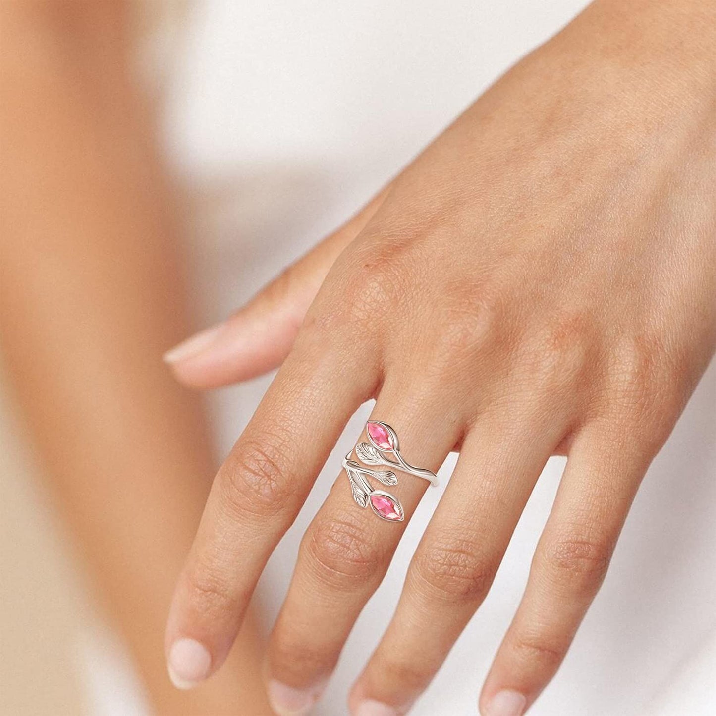 925 Sterling Silver Leaf Ring with Birthstone Adjustable Wrap Promise Engagement Wedding Rings for Women