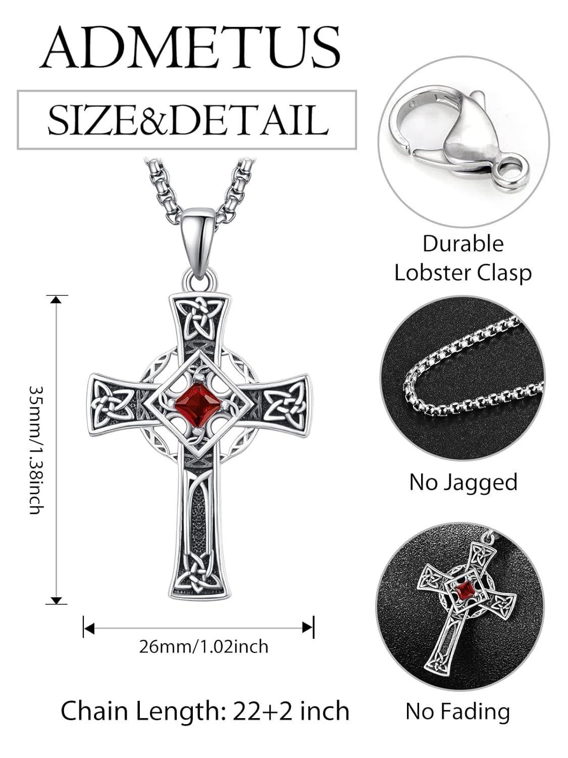 925 Silver Garnet Celtic Cross Necklace Men 22 Inch Chain