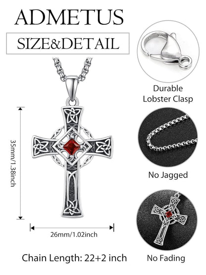 925 Silver Garnet Celtic Cross Necklace Men 22 Inch Chain