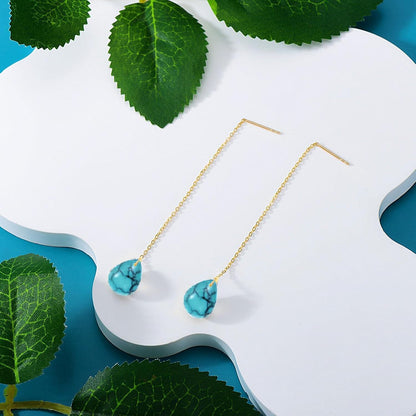 14K Solid Gold Turquoise Threaded Earrings, Hypoallergenic Nickel-Free, Elegant Gift for Her