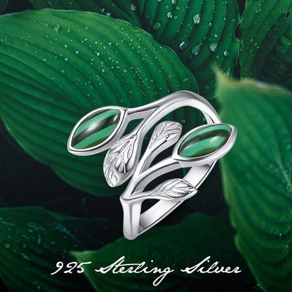 925 Sterling Silver Leaf Ring with Birthstone Adjustable Wrap Promise Engagement Wedding Rings for Women