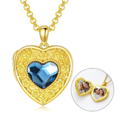 Gold 925 Silver Blue Crystal Heart Photo Locket Necklace