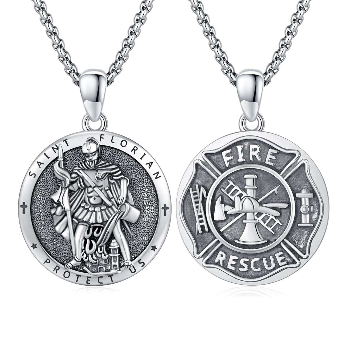 925 Silver Saint Florian Firefighter Pendant Necklace Men
