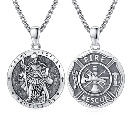 925 Silver Saint Florian Firefighter Pendant Necklace Men