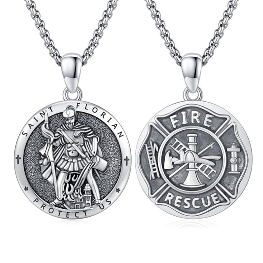 925 Silver Saint Florian Firefighter Pendant Necklace Men
