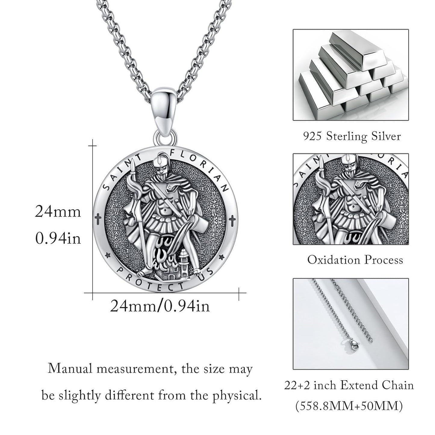 925 Silver Saint Florian Firefighter Pendant Necklace Men