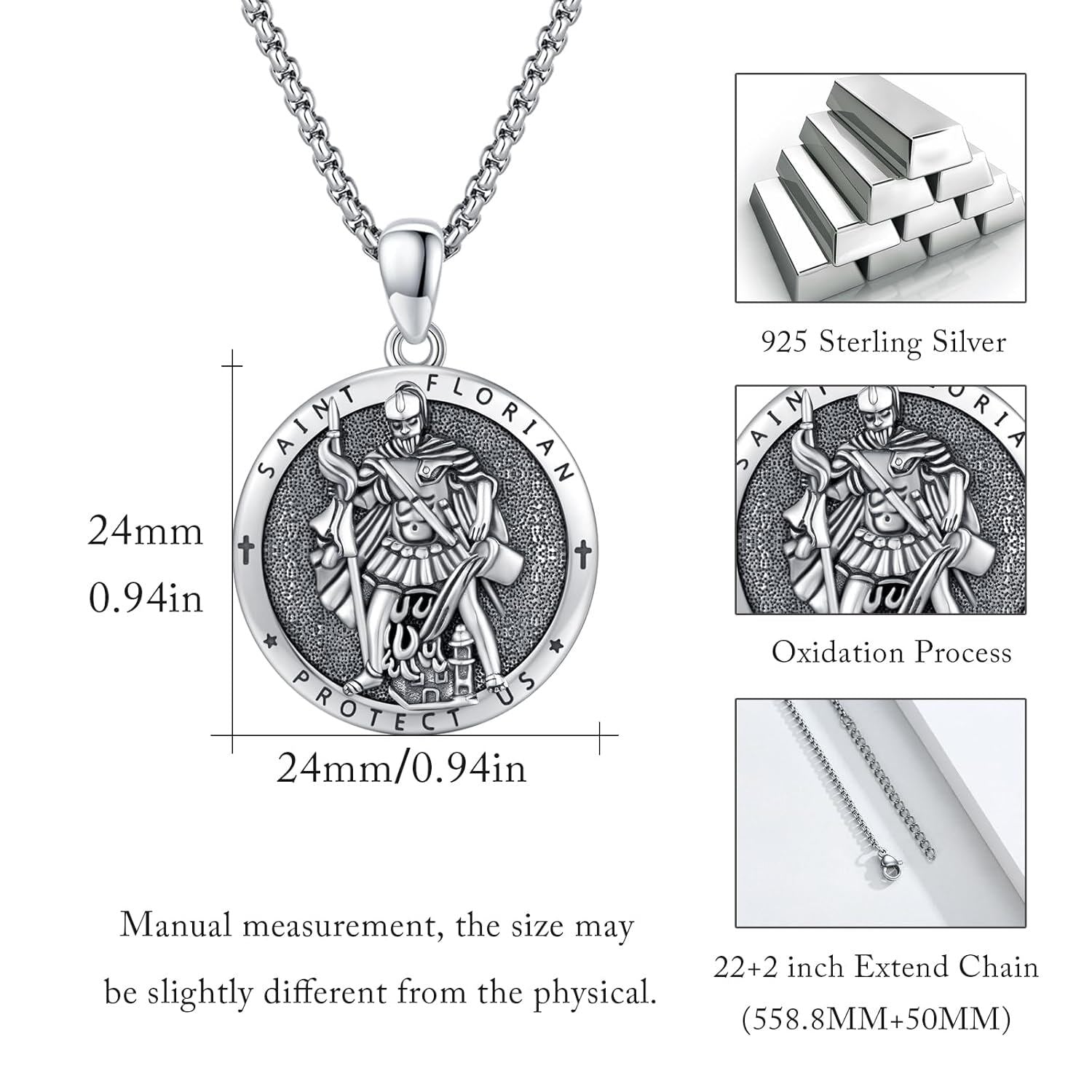 925 Silver Saint Florian Firefighter Pendant Necklace Men
