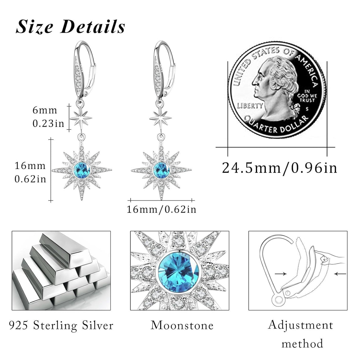 925 Sterling Silver Starburst Birthstone Drop Earrings