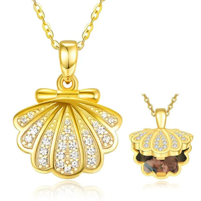 Gold Plated Shell Photo Frame Pendant Necklace for Women - 925 Sterling Silver Clasp and Cubic Zirconia Accents (18 + 2)