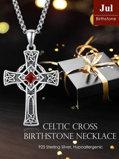 925 Silver Garnet Celtic Cross Necklace Men 22 Inch Chain