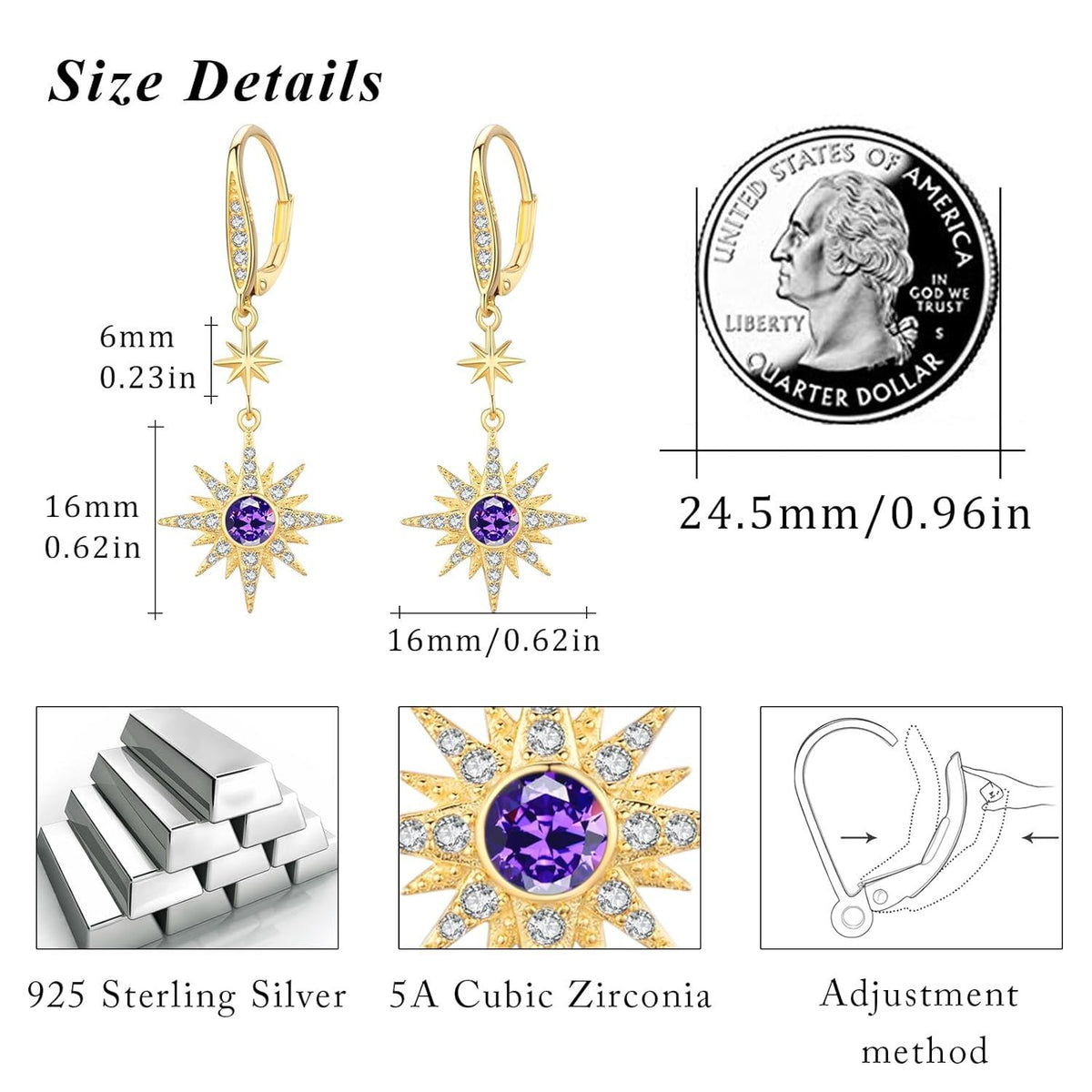 925 Sterling Silver Starburst Birthstone Drop Earrings