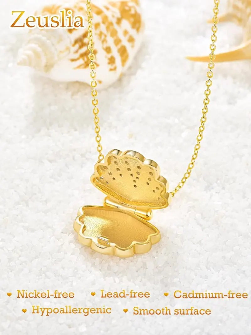 Gold Plated Shell Photo Frame Pendant Necklace for Women - 925 Sterling Silver Clasp and Cubic Zirconia Accents (18 + 2)