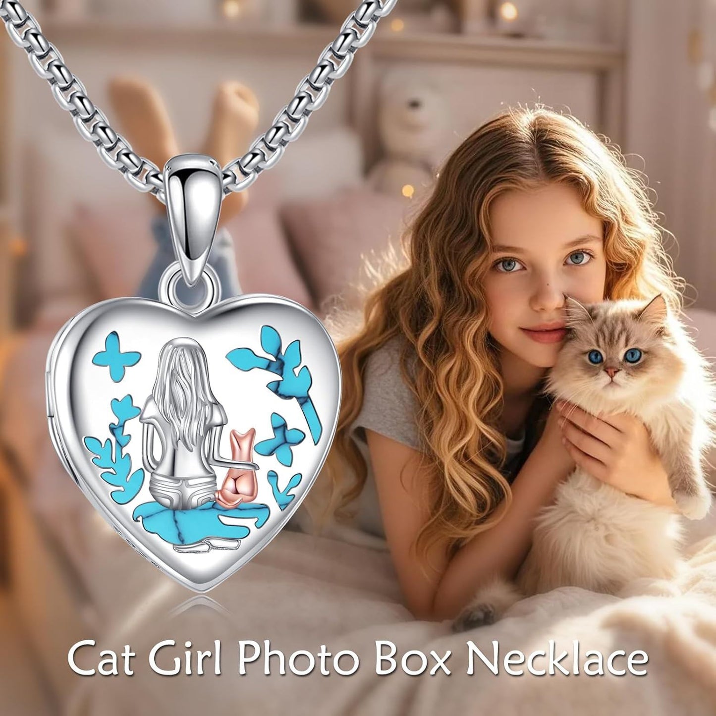 925 Silver Heart Locket Necklace Mermaid Turquoise Women