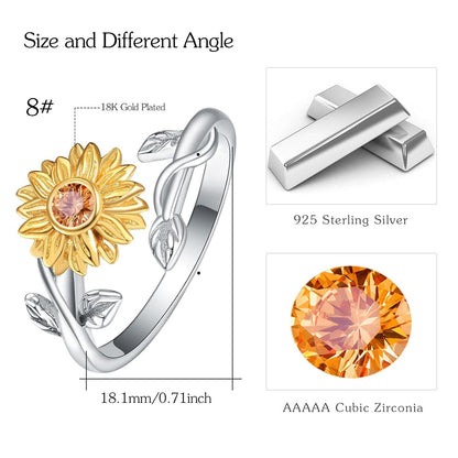 925 Sterling Silver Two-Tone Sunflower Adjustable Ring