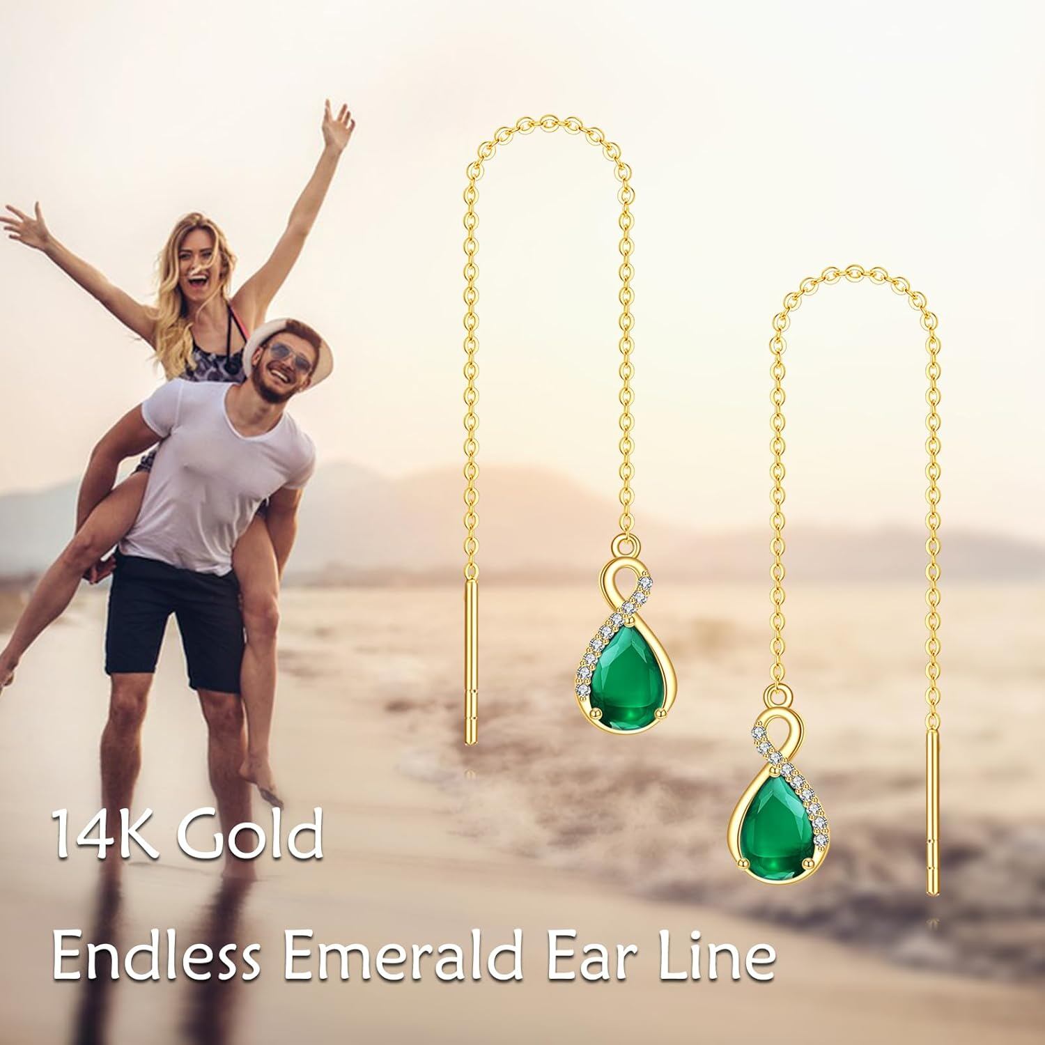 14K Gold Infinity Teardrop Emerald Threader Earrings Women