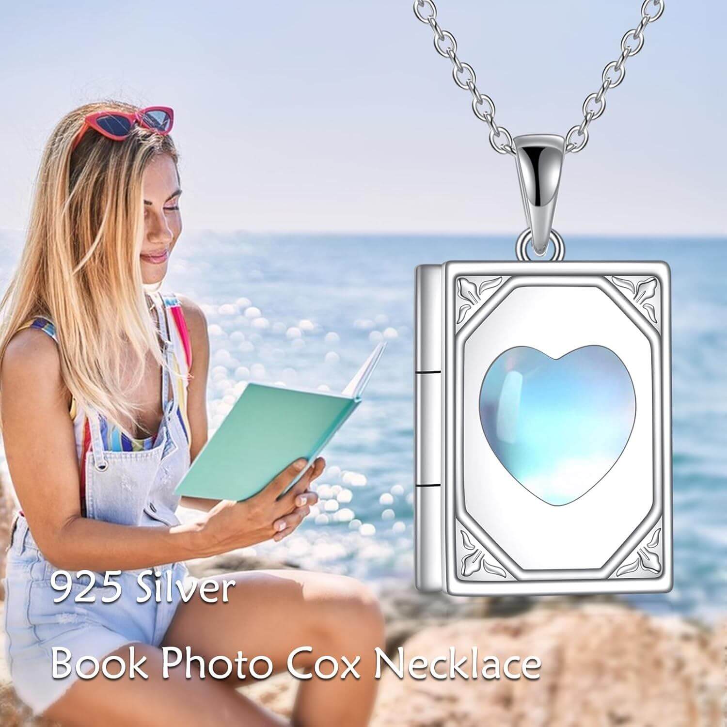 925 Sterling Silver Moonstone Photo Locket Necklace Gift