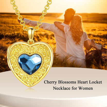 Gold 925 Silver Blue Crystal Heart Photo Locket Necklace