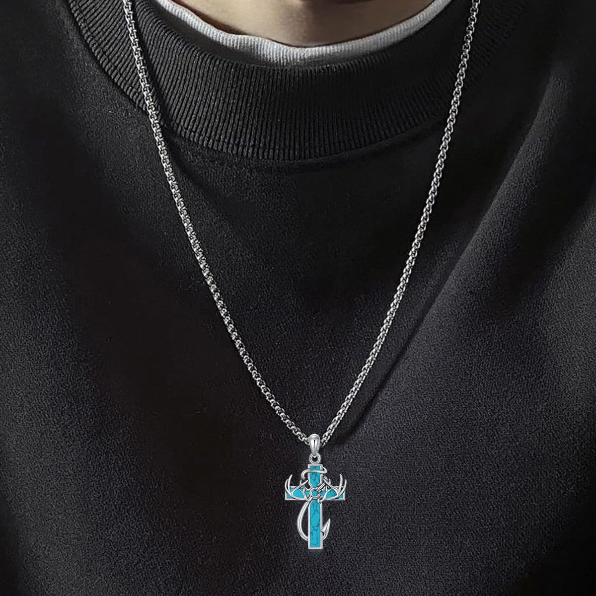 925 Silver Black Enamel Deer Antlers Cross Necklace Men