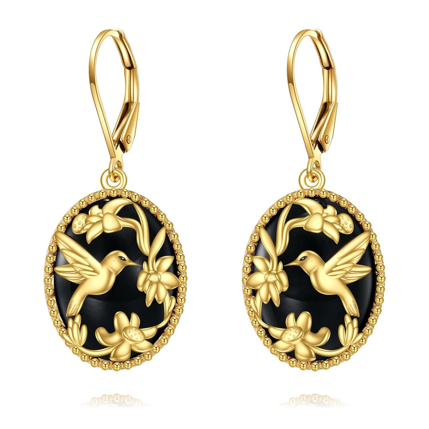Gold Plated 925 Silver Onyx Hummingbird Drop Earrings