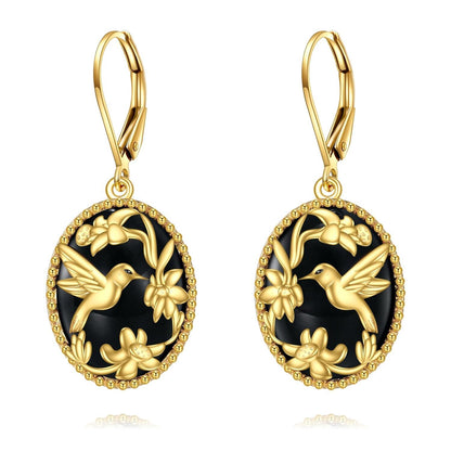 Gold Plated 925 Silver Onyx Hummingbird Drop Earrings