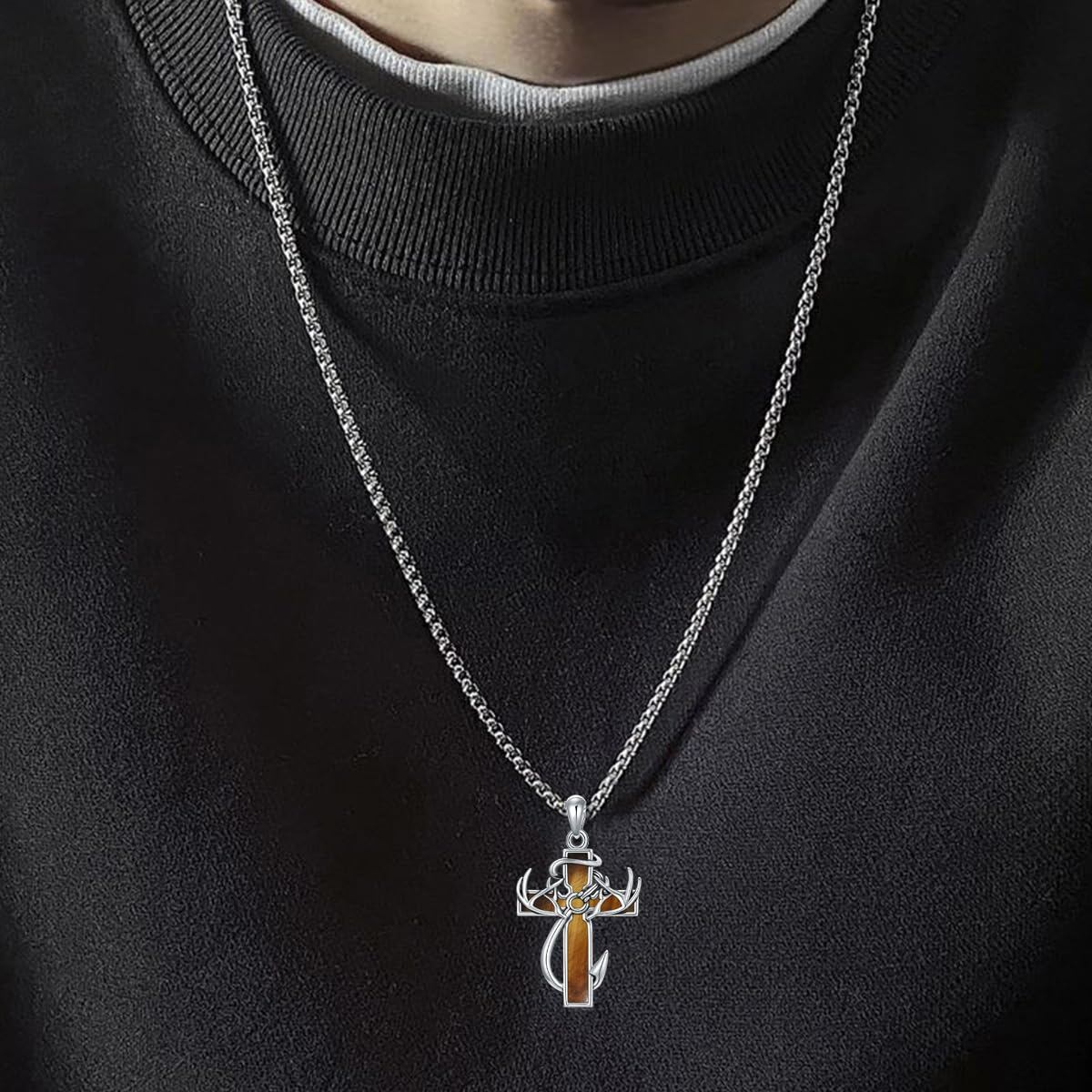 925 Silver Black Enamel Deer Antlers Cross Necklace Men