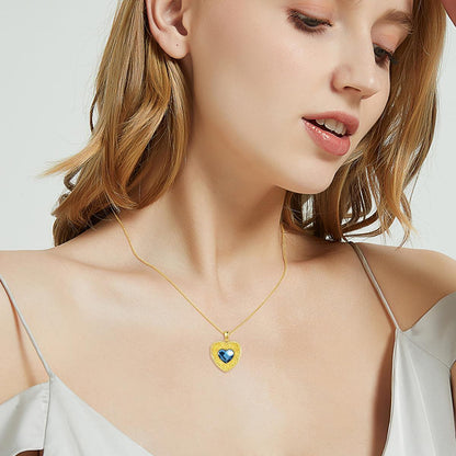 Gold 925 Silver Blue Crystal Heart Photo Locket Necklace