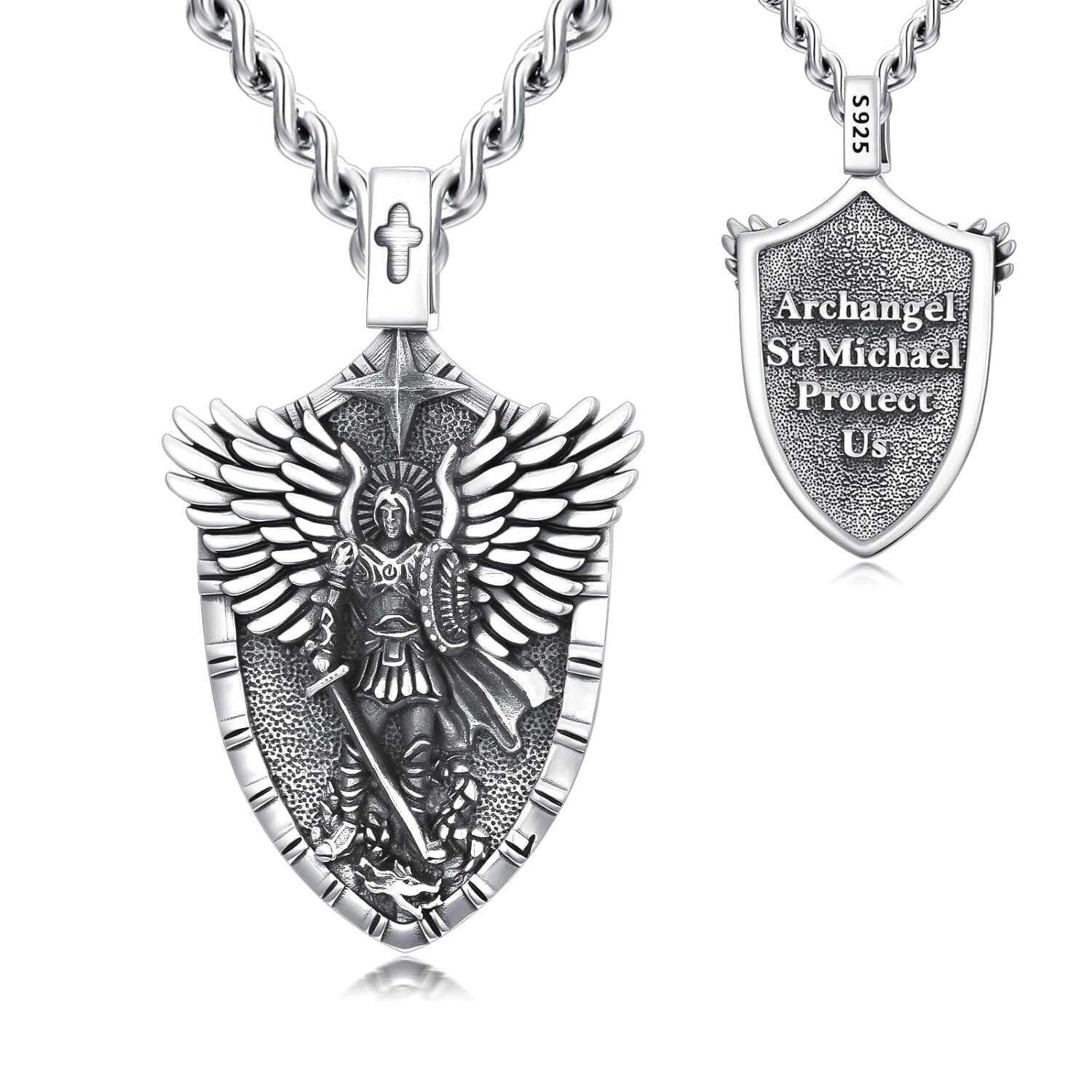 925 Silver St Michael Shield Pendant Necklace Men Women Gold