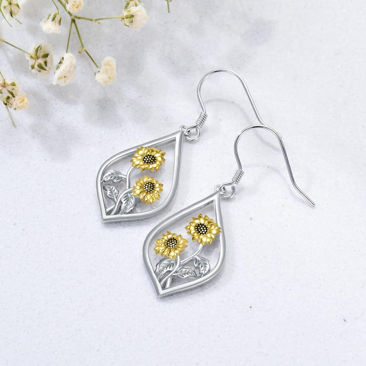 925 Sterling Silver Two-Tone Sunflower Drop Earrings