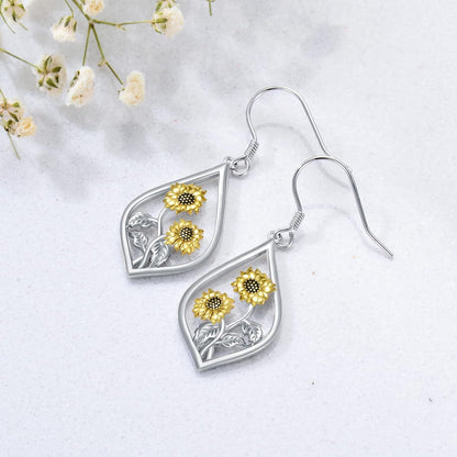 925 Sterling Silver Two-Tone Sunflower Drop Earrings