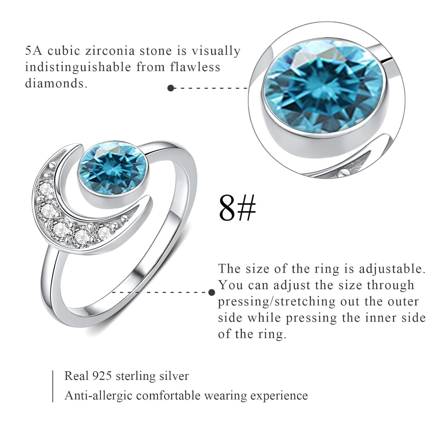 925 Silver Moonstone Birthstone Adjustable Open Ring Women