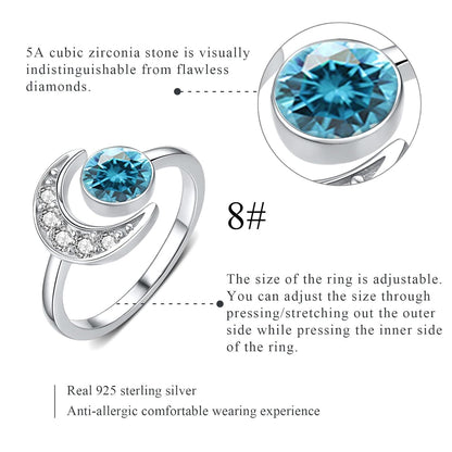 925 Silver Moonstone Birthstone Adjustable Open Ring Women