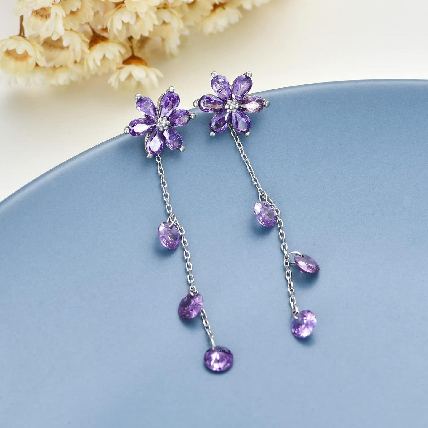925 Silver Cubic Zirconia Drop Earrings Pink Flowers