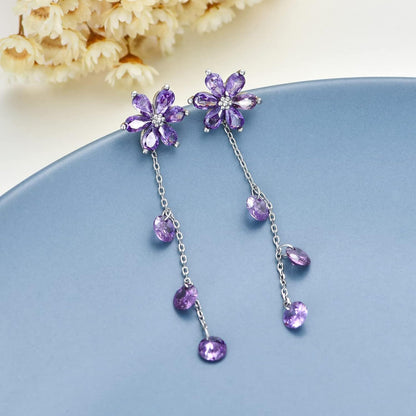 925 Silver Cubic Zirconia Drop Earrings Pink Flowers