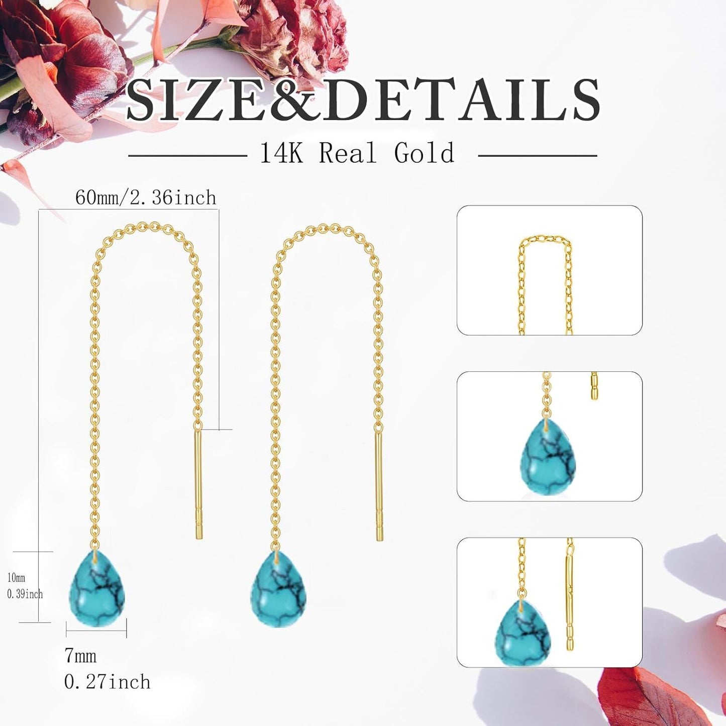 14K Solid Gold Turquoise Threaded Earrings, Hypoallergenic Nickel-Free, Elegant Gift for Her