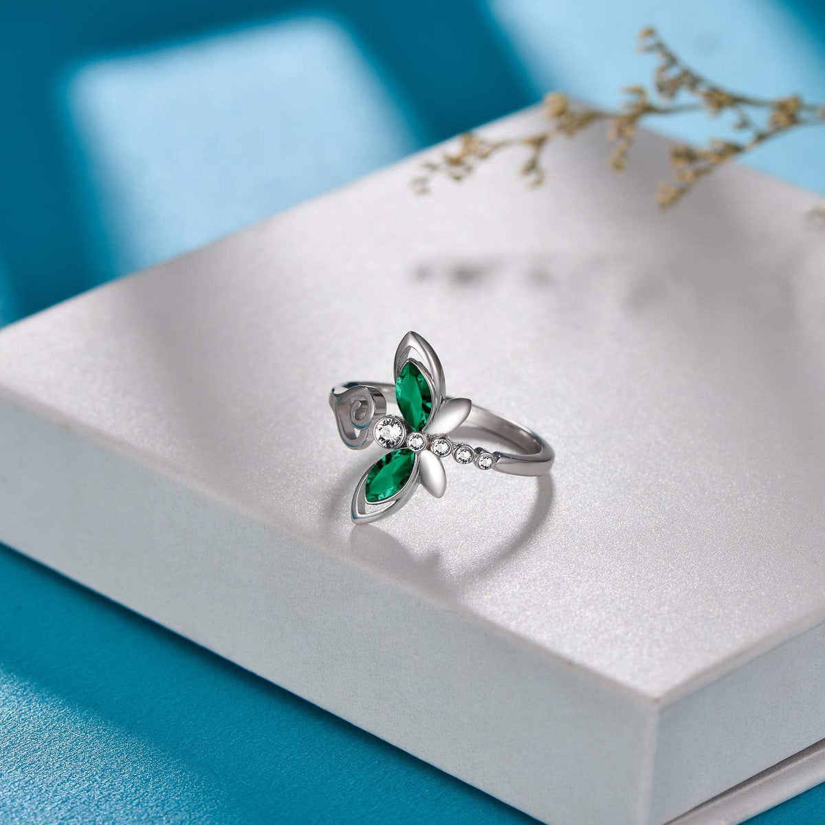 925 Sterling Silver Green Crystal Butterfly Ring
