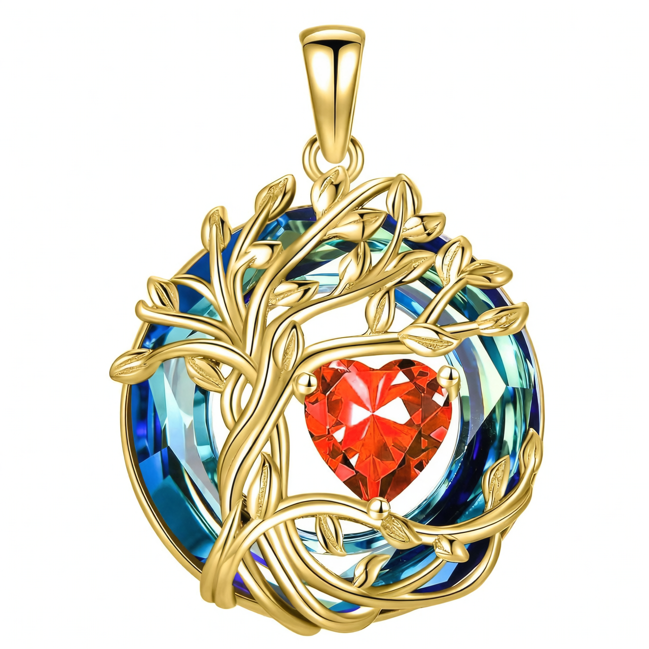 925 Sterling Silver Tree of Life Birthstone Necklace with Blue Crystal and Opal Heart Pendant