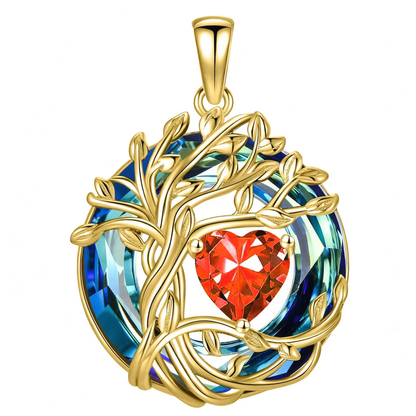 925 Sterling Silver Tree of Life Birthstone Necklace with Blue Crystal and Opal Heart Pendant