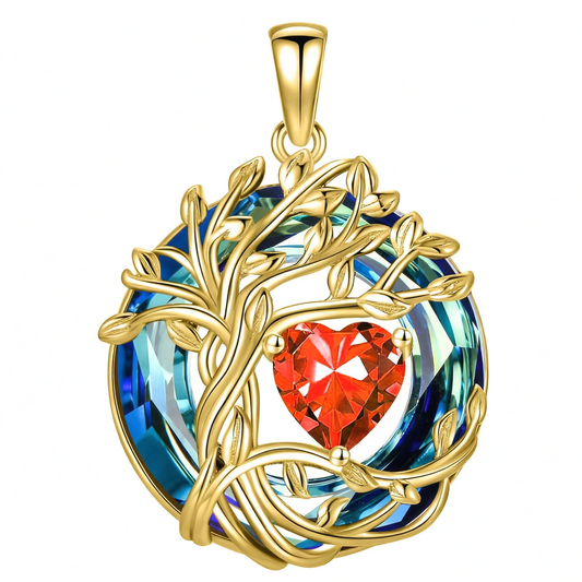 925 Sterling Silver Tree of Life Birthstone Necklace with Blue Crystal and Opal Heart Pendant
