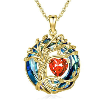 925 Sterling Silver Tree of Life Birthstone Necklace with Blue Crystal and Opal Heart Pendant