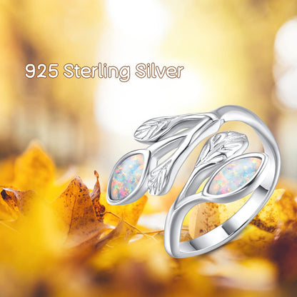 925 Sterling Silver Leaf Ring with Birthstone Adjustable Wrap Promise Engagement Wedding Rings for Women