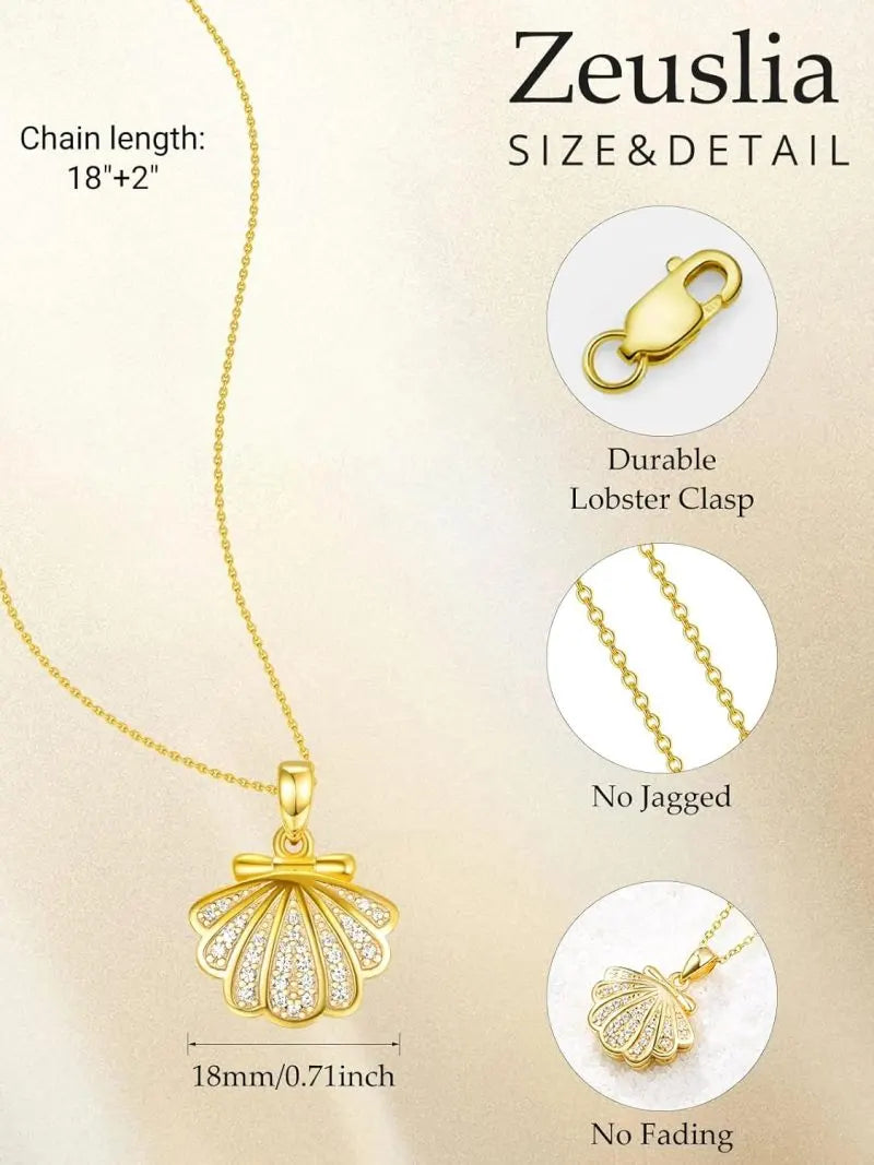 Gold Plated Shell Photo Frame Pendant Necklace for Women - 925 Sterling Silver Clasp and Cubic Zirconia Accents (18 + 2)