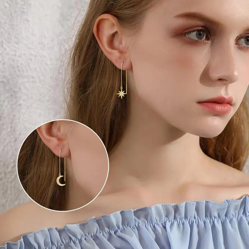 14K Gold Moon & Star Threader Drop Earrings with Crystal Accents - 2 Pairs