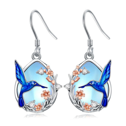 925 Silver Hummingbird Moonstone Drop Earrings Women