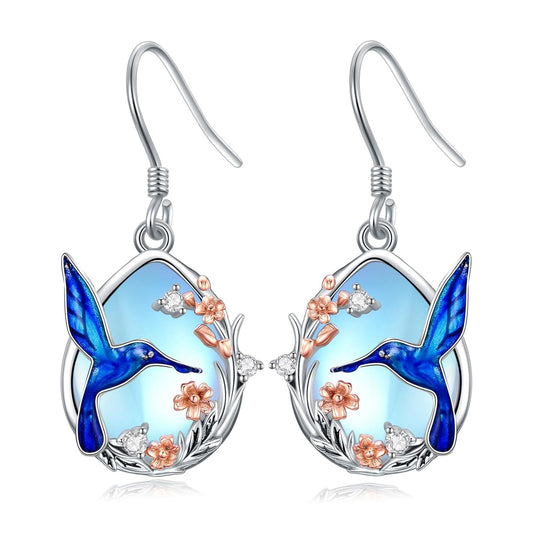 925 Silver Hummingbird Moonstone Drop Earrings Women