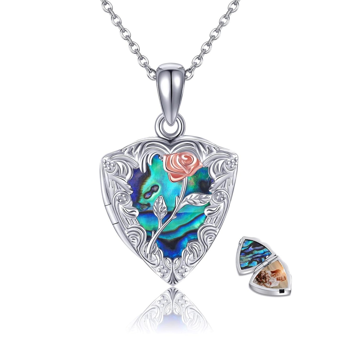 925 Silver Abalone Rose Photo Frame Pendant Necklace Women