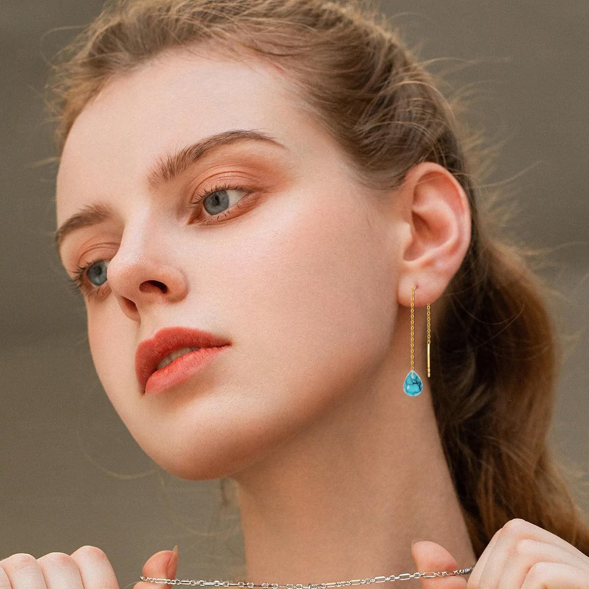 14K Solid Gold Turquoise Threaded Earrings, Hypoallergenic Nickel-Free, Elegant Gift for Her