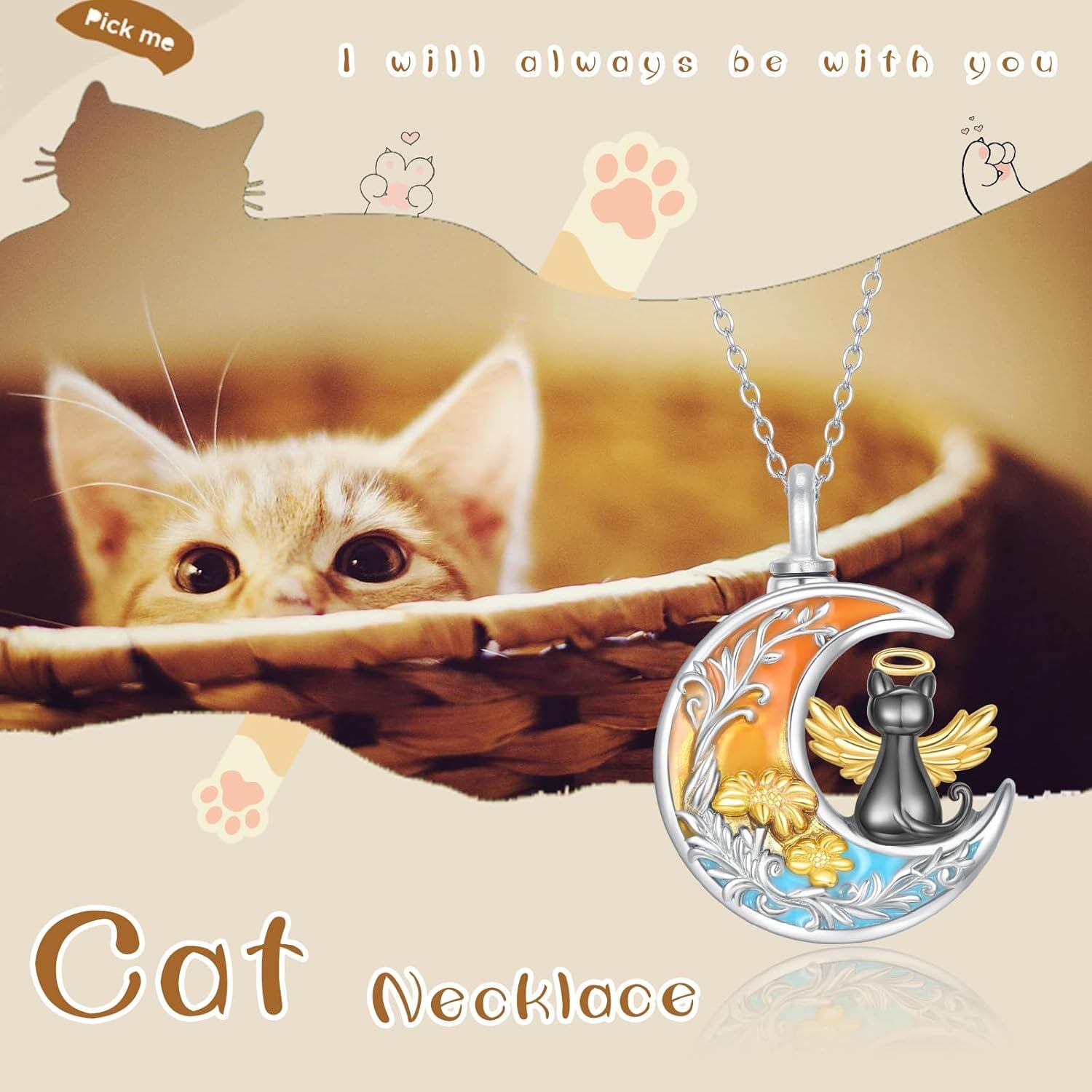 925 Silver Rainbow Moon Cat Memorial Urn Pendant Necklace