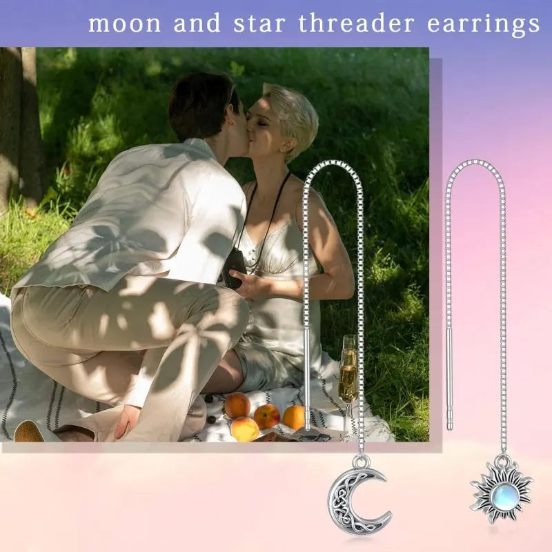 925 Sterling Silver Moon & Sun Threader Earrings for Women Long Chain Hypoallergenic Dangle Earrings with Tassel Design